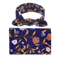 Detailed view of floral baby swaddle blanket and matching bow headband in navy blue fabric - Blue Orange Floral (10)