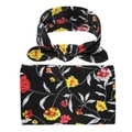 Detailed close-up of floral baby headband with matching bow and soft knit swaddle fabric - Black Red Yellow Floral (11)