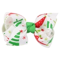 Christmas hair bow with green tree prints and red stars on white grosgrain ribbon - White Christmas Tree Star Print (6#)