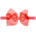 Elastic baby headband featuring a coral pink grosgrain ribbon bow for kids - Watermelon red
