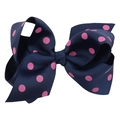 Nœud à cheveux en gros-grain bleu marine à pois roses pour coiffure enfant - Bleu marine avec points rose fuchsia