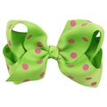 Nœud pour cheveux en gros-grain vert avec motifs à pois roses pour enfants - Vert avec points rose fuchsia
