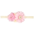 Diadema elástica para bebé con margaritas de gasa rosa y rosas de satén crema y perlas - Crema y Rosa