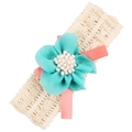 Spitzen Baby Stirnband mit großer blauer Stoffblume und rosa Schleifenakzenten - Cyan Mit Band