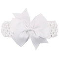 Infant crochet headband with white grosgrain swallowtail bow on white background - White