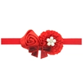 Red sequin bow and satin rose baby headband with faux pearls on elastic band - Red