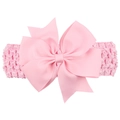 Pink infant headband featuring a large grosgrain bow on a wide crochet elastic band - Pink