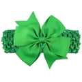 Elastic crochet baby headband with a large bright green grosgrain ribbon bow - Christmas Green