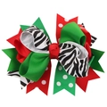 Christmas hair bow with green, polka dot, and zebra stripes patterns in swallowtail design - 12# (Zebra Print Swallowtail Patchwork)