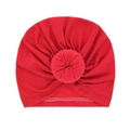 Bright red baby turban hat with donut knot made of soft elastic knitted cotton fabric - Red