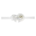 White baby headband with satin rose, silver sequin bow, and faux pearl rhinestone detail - White