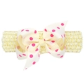 Bandeau bébé avec gros nœud à pois roses et ruban élastique au crochet jaune - Blanc crème à pois rose foncé