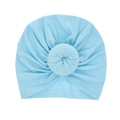 Sky blue newborn turban hat with donut knot and pleated design on white background - Blue