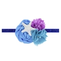 Fascia neonata stella marina con fiori in chiffon blu e viola su nastro elastico blu glitter - Blu