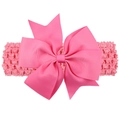 Hot pink wide baby headband featuring a large grosgrain ribbon bow with crochet elastic band - Deep Pink