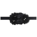 Elastic baby headband featuring a black satin rose and rhinestone flower decoration - Black