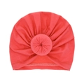 Coral pink turban hat for infants with a stylish top knot and soft elastic fabric - Watermelon red