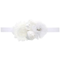 Elastic baby headband with white rhinestone sunflower and satin fabric flowers - White