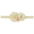 Bandeau élastique bébé avec fleurs mousseline beige, détails satin rose et strass - Blanc Lait