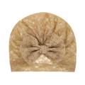 Newborn lace bonnet in beige gold with a large bow decoration and pleated design - Light Coffee