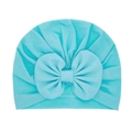 Light blue infant turban hat featuring a large bow and soft pleated cotton fabric - Blue