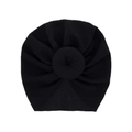 Black newborn turban hat featuring a waffle knit texture and donut knot decoration - Black