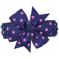 Bandeau bébé bleu marine avec un grand nœud à pois roses et une large bande crochetée - Navy Blue With Rose Dots