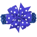 Bandeau bébé bleu marine à pois avec nœud en gros-grain et ruban élastique - Bleu roi à pois blancs