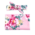 Floral print baby swaddle blanket and matching bow headband set in soft pink color - Pink (Peony)