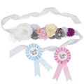 Babyparty-Set mit floraler Mom To Be Schärpe und Daddy To Be Pins in Blau und Rosa - Feder Stil Schärpe Und Pins