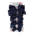 Set of four navy blue grosgrain ribbon bow hair clips for girls on a floral display card - Navy Blue