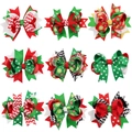 Set of 9 Christmas themed grosgrain ribbon hair bows for kids in festive red and green colors - Multicolor Style C