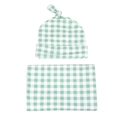 Green and white plaid baby swaddle blanket and matching top knot hat set for newborns - Green Plaid (With Hat)