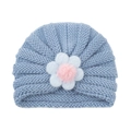 Bonnet turban tricoté bleu clair pour bébé avec grande fleur et pompon rose au centre - Bleu (Grande Fleur)