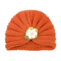 Orange baby knit turban hat with a handmade crochet flower decoration on white background - Orange (Yarn Flower)