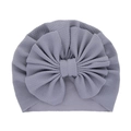 Lavender infant turban hat featuring a large decorative bow made of waffle knit fabric - Gray