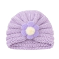 Bonnet turban tricoté pour bébé violet clair avec grande fleur et pompon blanc doux - Violet (Grande Fleur)