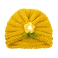 Yellow knitted baby beanie featuring a handmade 3D crochet flower and green leaf detail - Yellow