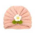 Pink knit baby turban hat featuring a decorative white crochet flower and green leaves - Pale Green