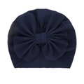 Navy blue baby turban hat with a large decorative bow made of textured knit fabric - Navy Blue