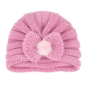 Pink infant knitted turban hat with a large bow and fluffy faux fur pompom detail - Pink (Bow)