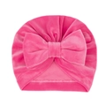 Pink velvet baby turban hat featuring a large soft decorative bow for infant girls - Rose Red