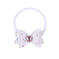 Elastic baby headband with large white glittery bow and pink sequin heart rhinestone - White