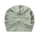 Soft bean green velvet baby turban hat with a large decorative bow for infants - Light Green