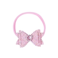 Pink glittery bow headband with a heart rhinestone for babies on elastic nylon band - Pink