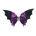 Detailed view of Halloween purple sequin bow hair clip with black bat wings and cartoon charm - Black and Purple Bat with Cartoon Bat / Black Purple