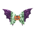 Detail of Halloween bow hair clip featuring purple bat wings and a pumpkin smile center - Purple and Green Bat with Smiling Pumpkin Style / Purple Green