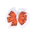 Detail of Halloween grosgrain ribbon hair bow with orange pumpkin face prints for kids - Hair Clip / White