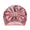 Detail of baby velvet turban hat with large double-layered bow in dusty rose pink - Bean Paste (Bow)
