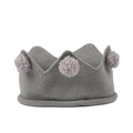 Close-up of a grey knitted crown headband for babies featuring three soft pom-poms on top - Gray